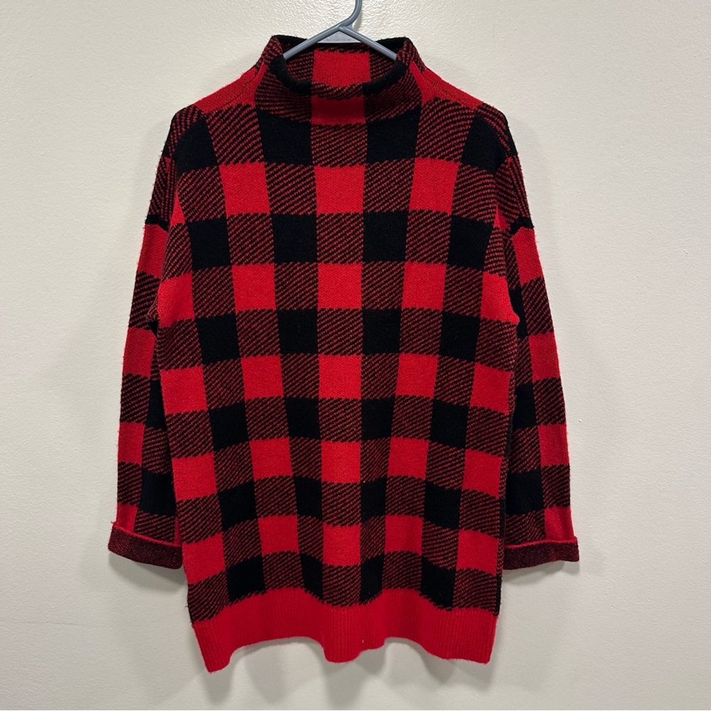 LOFT Red and Black Checkered buffalo plaid Turtleneck Sweater